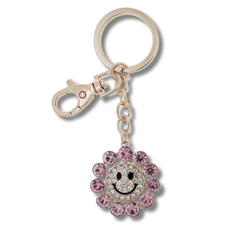 Smiley Face Sun Pink Stones Keyring Bling